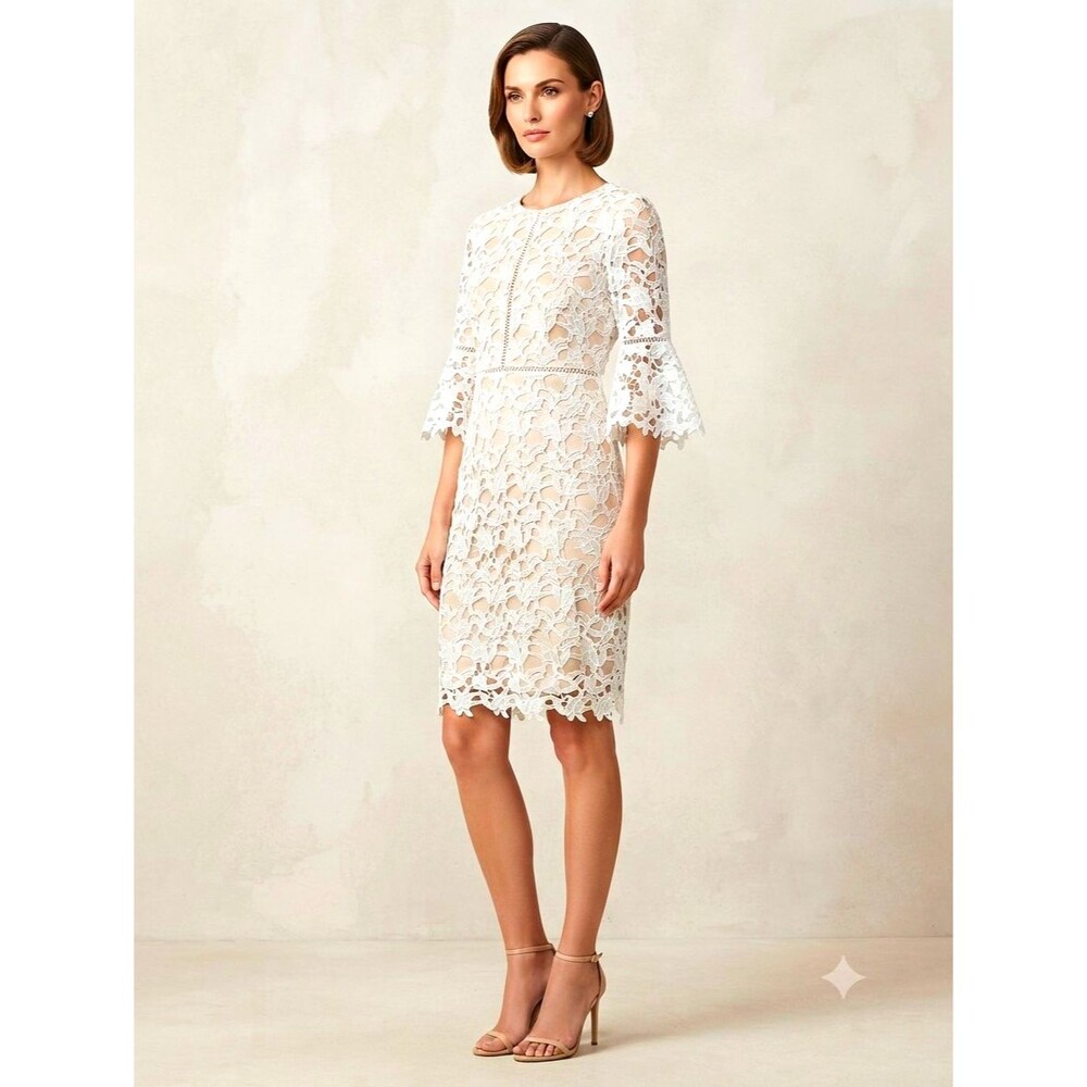 Ryan Michelle White Lace Shift Dress With Sheer Bell Sleeves
